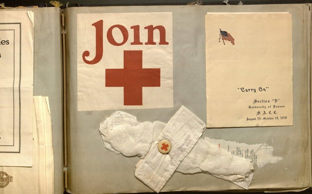 Photograph of surgical dressing and Red Cross pamphlet in the Florence Harkrader scrapbook, 1916-1919
