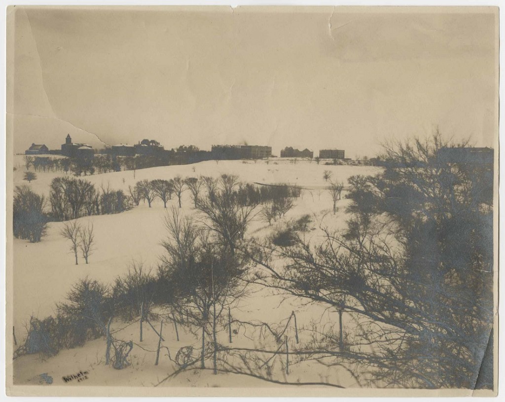 Photograph of campus in snow, 1915