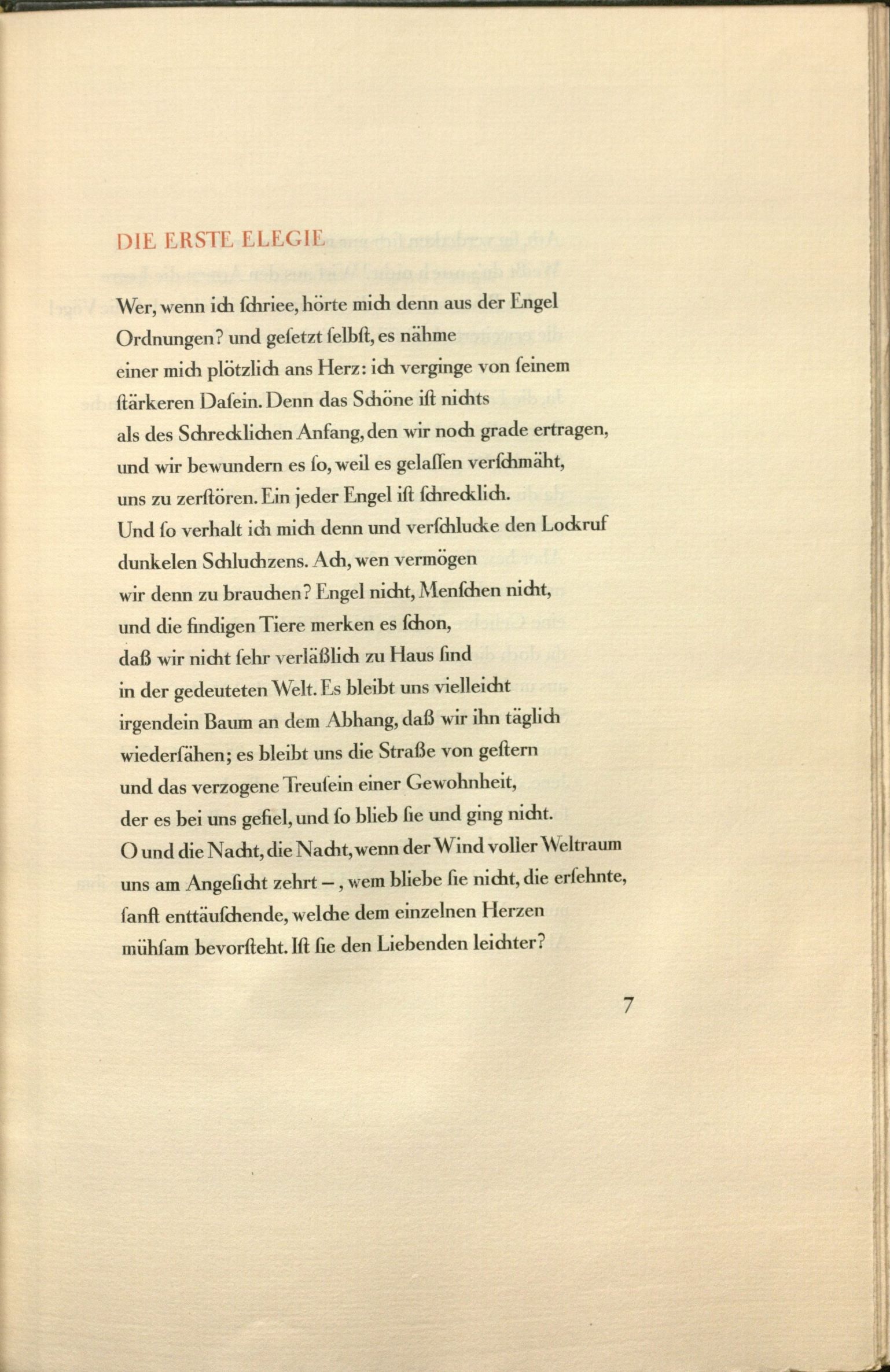 Rainer Maria Rilke’s Duineser Elegien, Leipzig: im Insel-Verlag, 1923: “Die Erste Elegie”. Special Collections, call number: Rilke Z50.