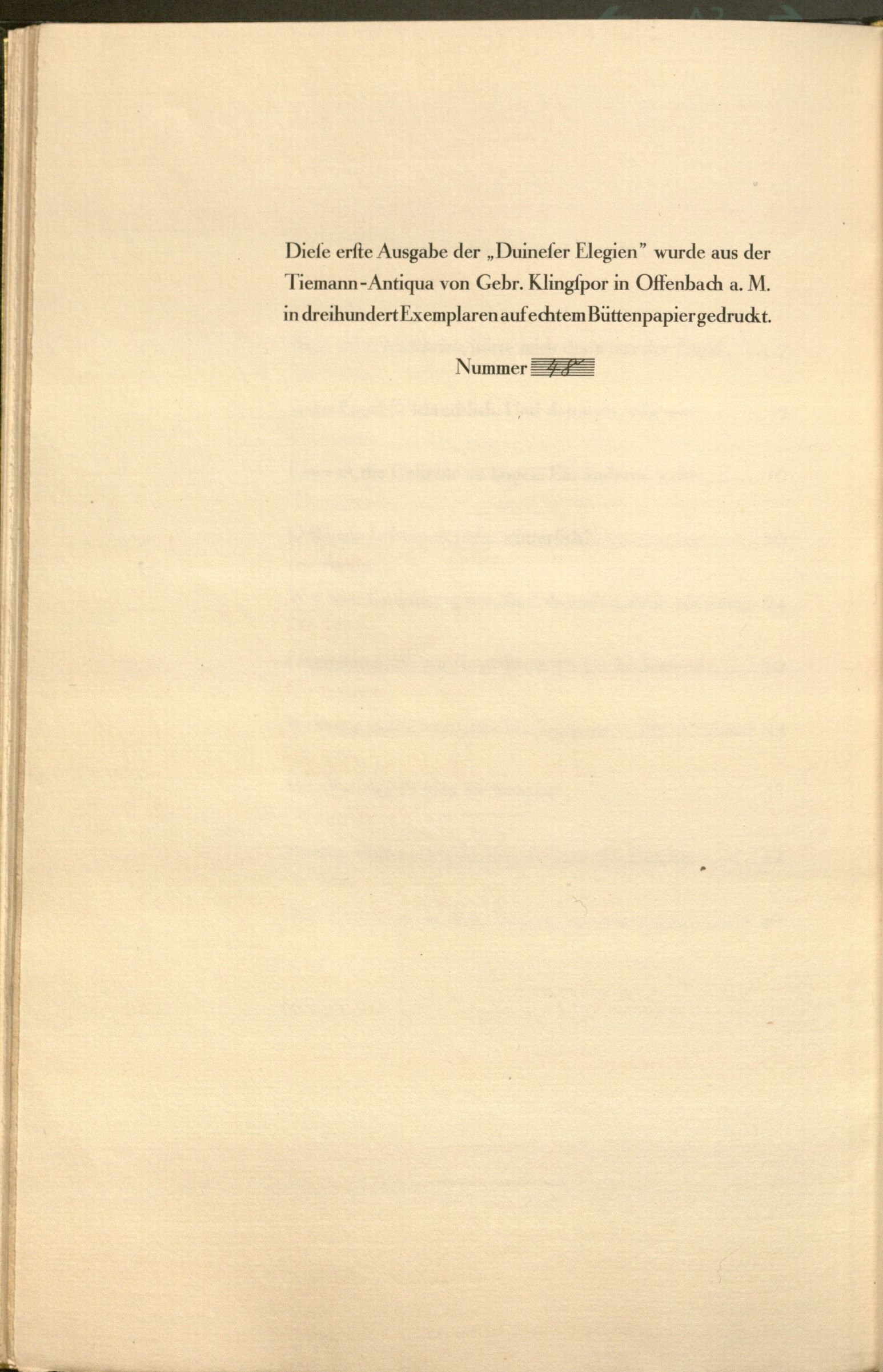 Rainer Maria Rilke’s Duineser Elegien, Leipzig: im Insel-Verlag, 1923: back page stating that this is the first edition, copy 48 of 300 printed on handmade paper. Special Collections, call number: Rilke Z50.