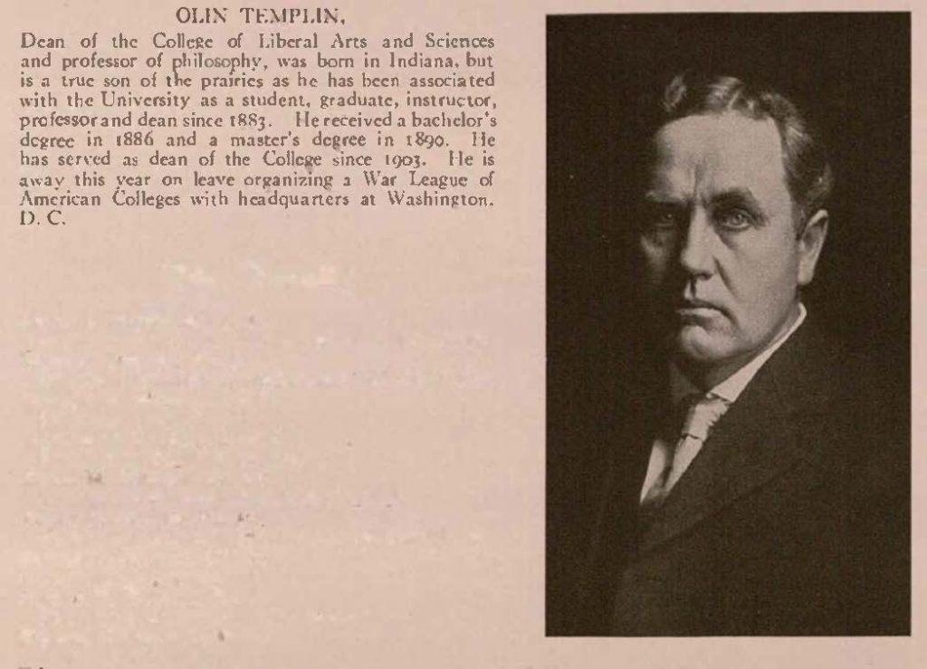 Photograph of Olin Templin in the Jayhawker yearbook, 1918