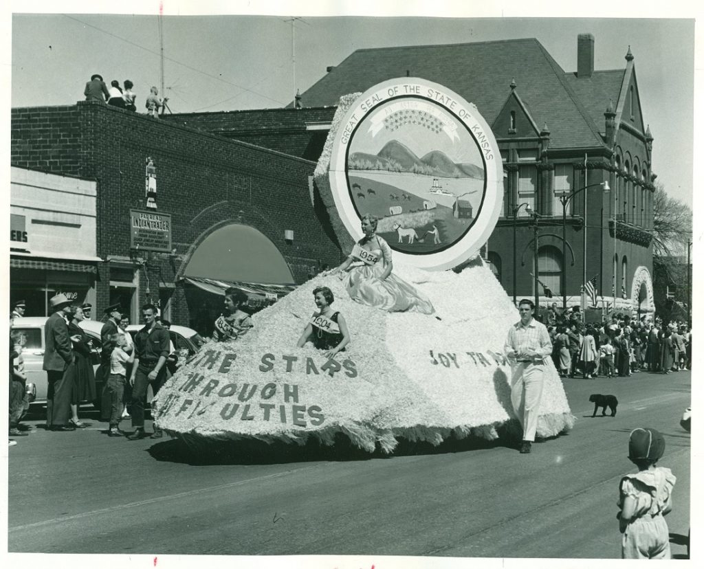 Photograph of a float in the Kansas Relays Parade, 1954
