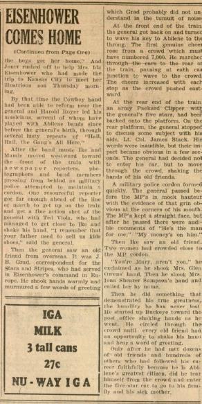 Continuation of "Ike is at Home", Abilene Reflector-Chronicle page 6 from June 22, 1945. Kansas Collection, call number: RH H319.