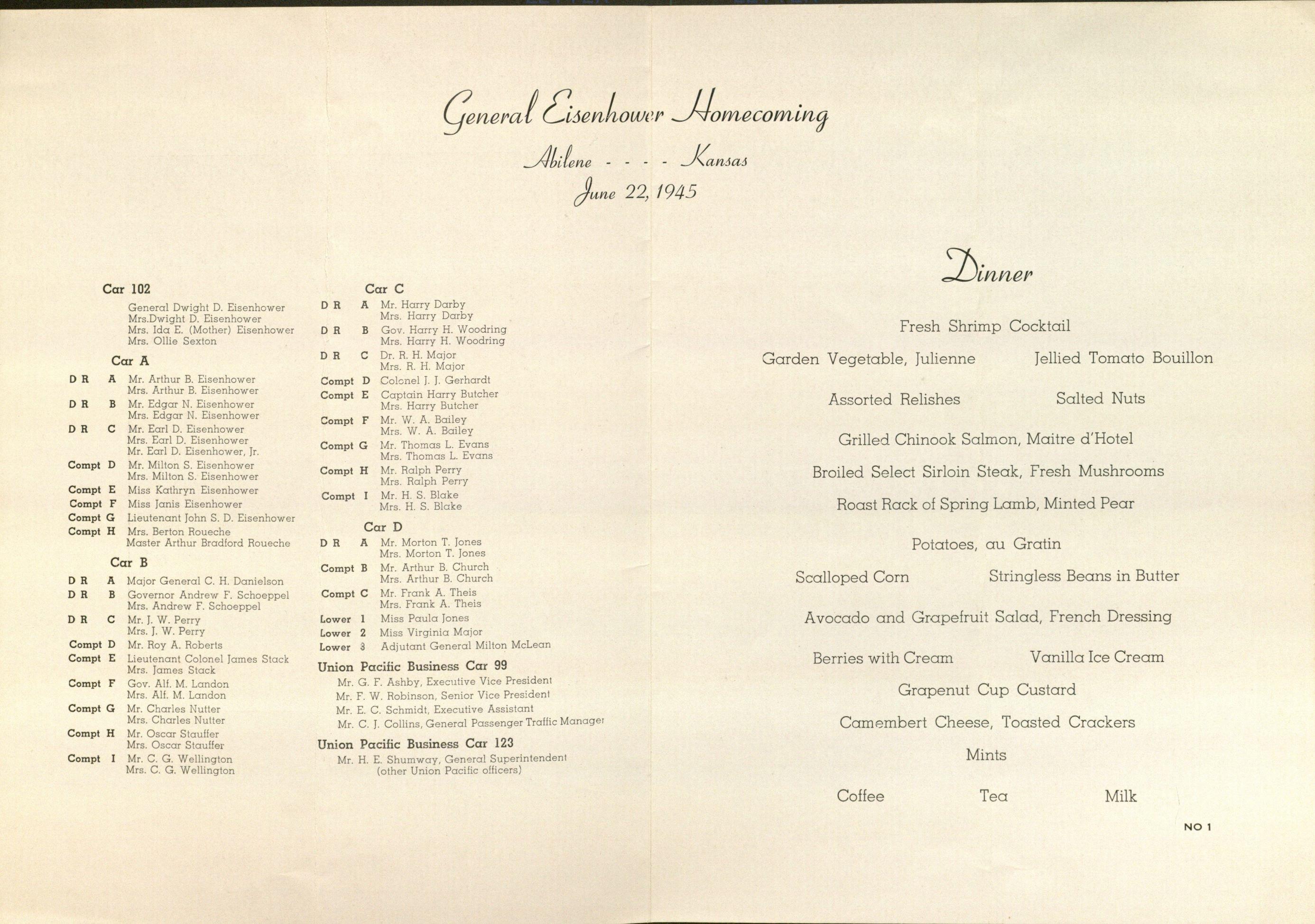 General Eisenhower homecoming train seating chart and menu, call number: RH MS 1345 Box 9 Folder 35.