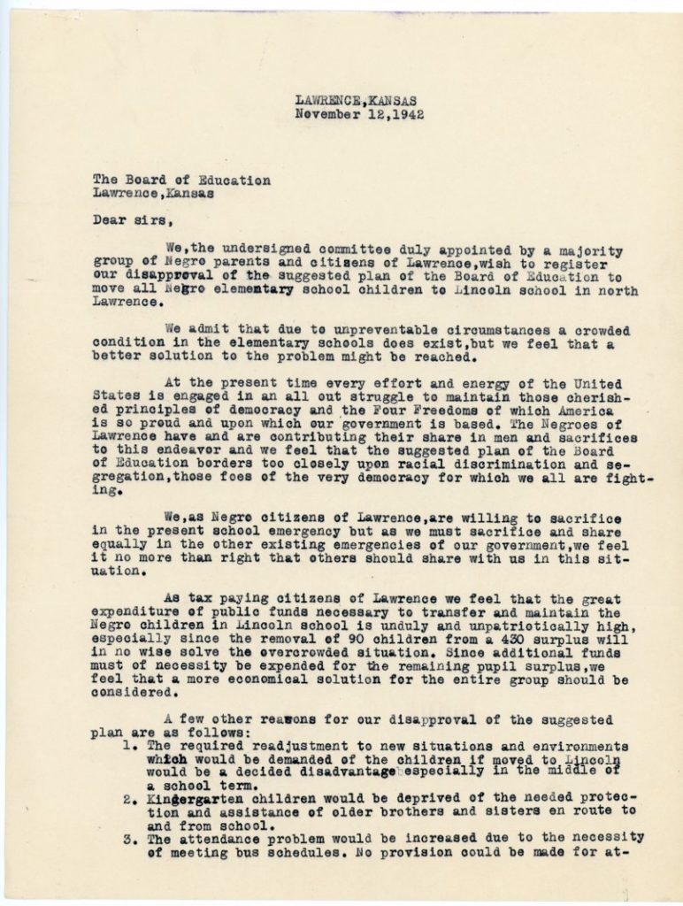 Photograph of the first page of a letter to the Lawrence School Board, 1942