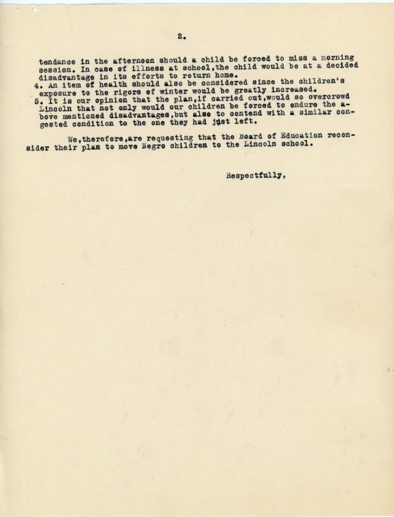 Photograph of the second page of a letter to the Lawrence School Board, 1942