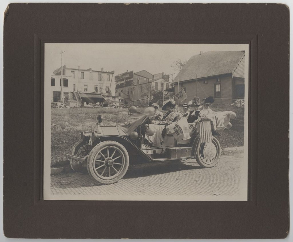 Photograph of Mary Evelyn Ransom Strong in a suffrage parade, 1912