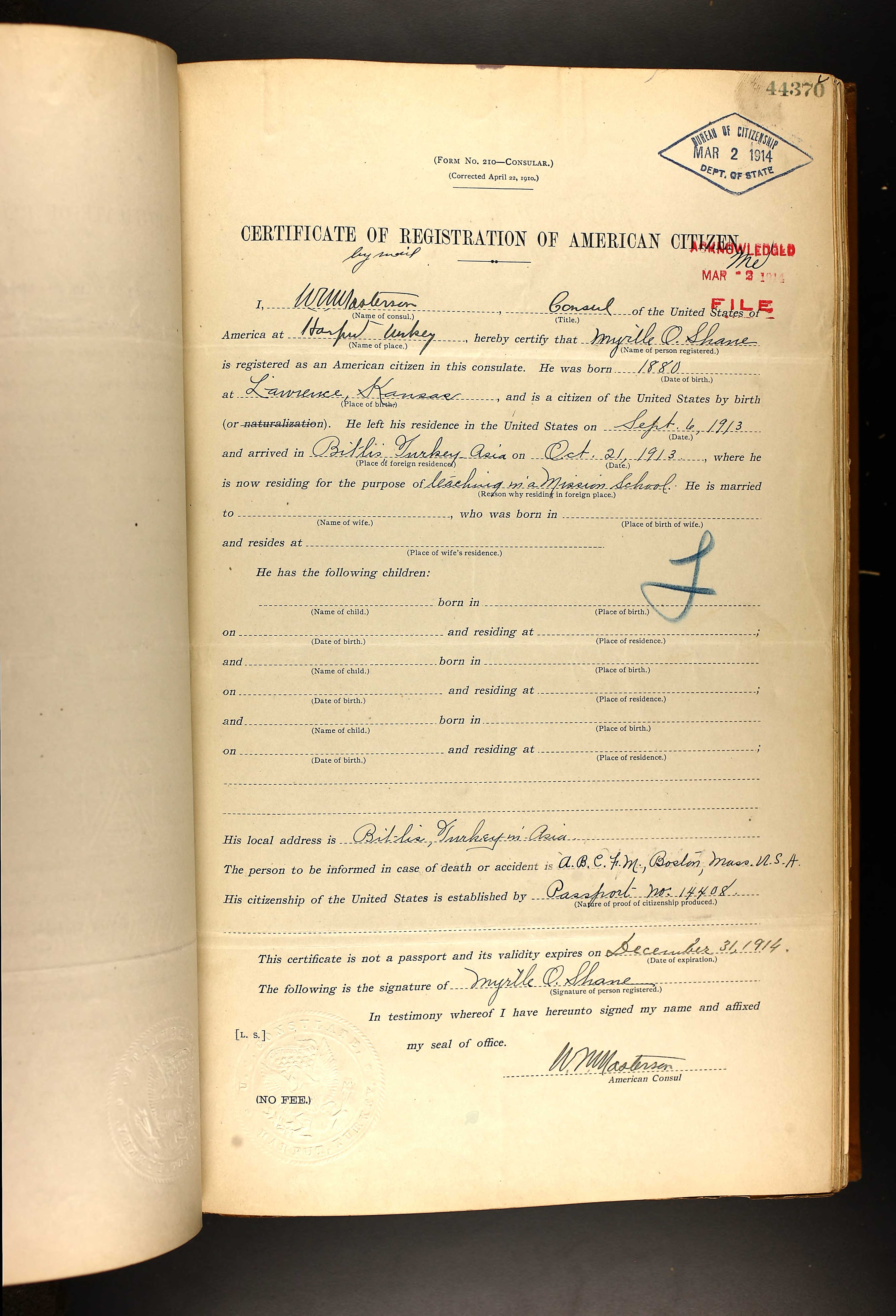 Ancestry.com, Certificate of Registration of American Citizenry, Myrtle O. Shane, 1913.