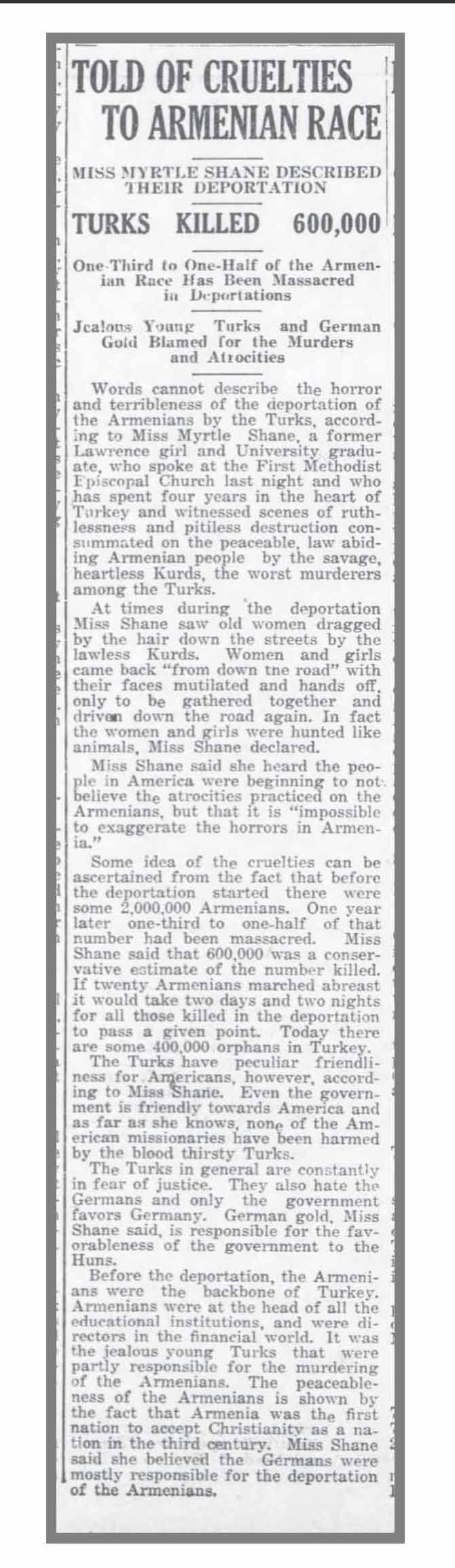 "Told of Cruelties to Armenian Race" article from the Lawrence Journal World, January 3, 1918.