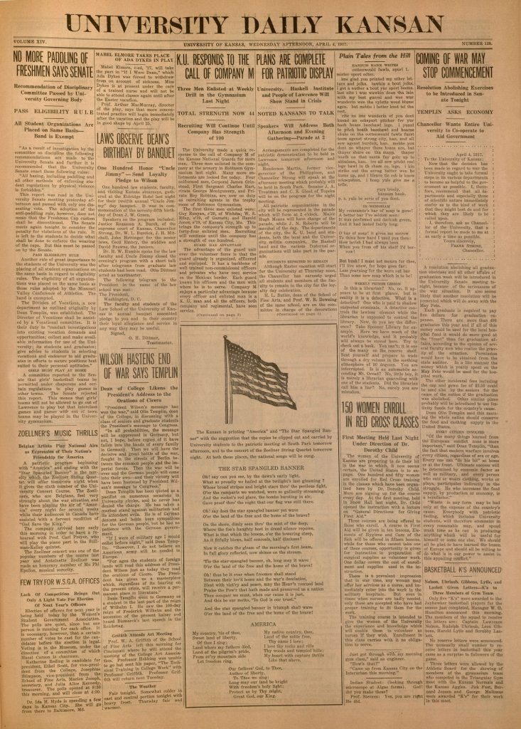 Front page of the University Daily Kansan, April 4, 1917