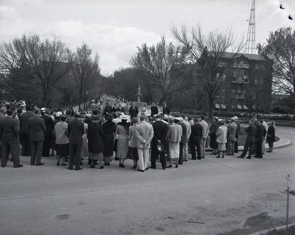 Photograph of the Chi Omega fountain dedication ceremony, 1955