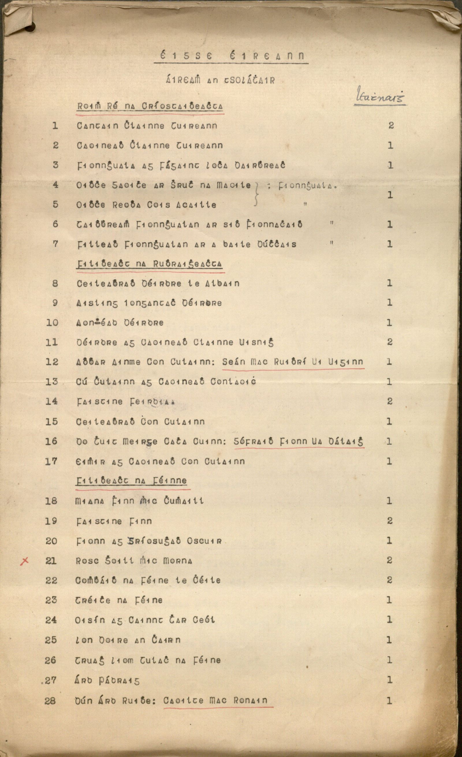 The first page of a listing of titles for Éigse Eireann ["Poetry Ireland"] from the Catholic Bulletin collection. Special Collections.