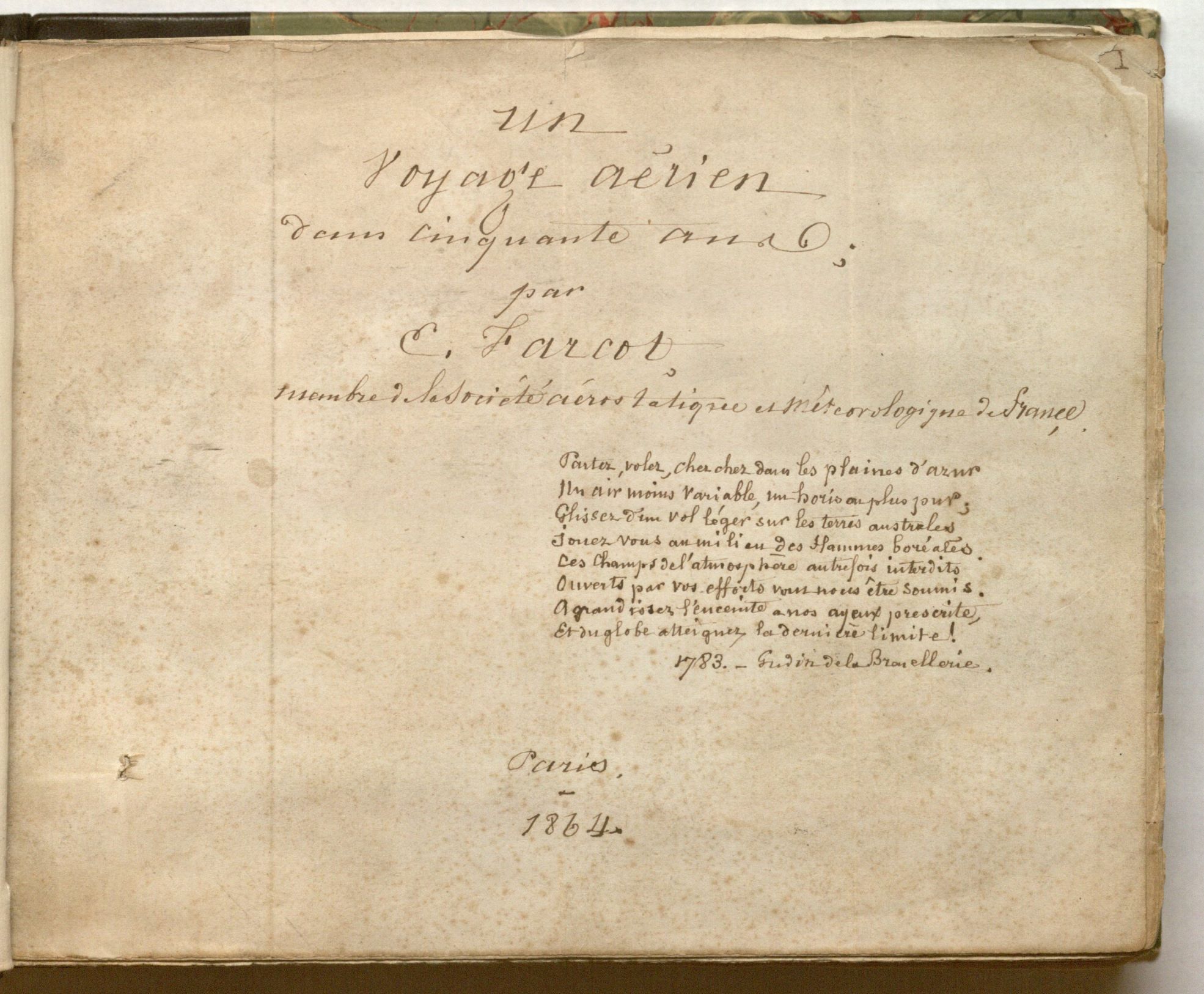 The title page from Eugène Farcot’s Literary Manuscript Un Voyage Aérien; Dans Cinquante Ans. Special Collections.