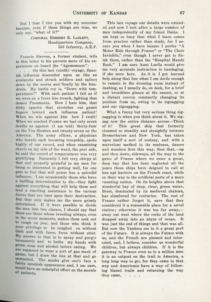 Herbert Laslett, “Letters,” The Graduate Magazine, December 1918