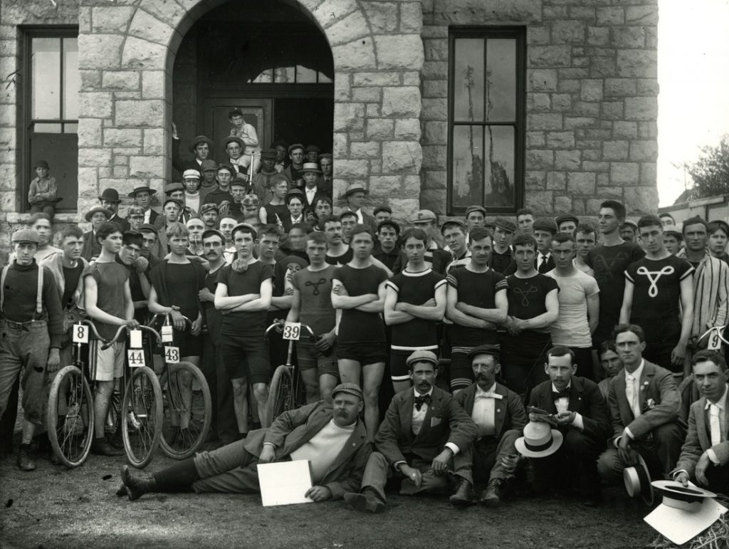 Photograph of a group of bicyclists, 1896