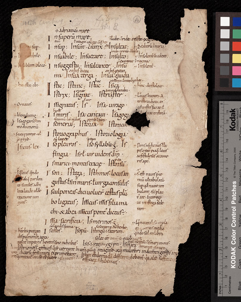Latin glossary with Latin and Old English glosses, covering the words interkalares to istingum (verso). Worcester (?), West Midlands, England, circa 990 - 1010. Call #: MS Pryce C2:1