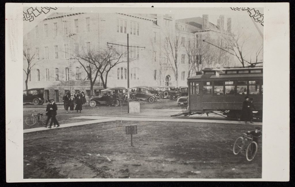 Photograph of a streetcar in front of Bailey Hall, 1910
