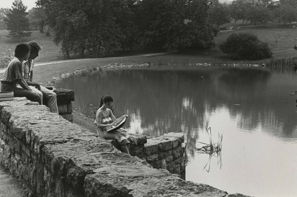 Photograph of three students at Potter Lake, 1981