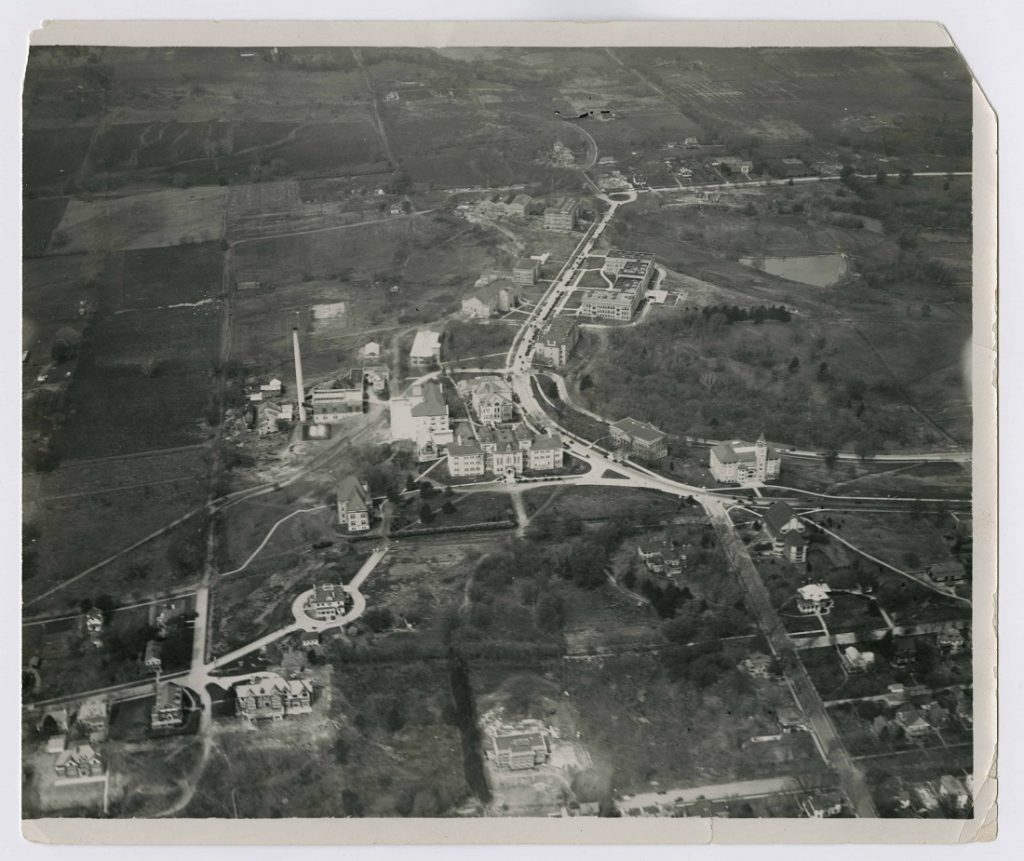 Aerial photograph of campus looking west, 1925