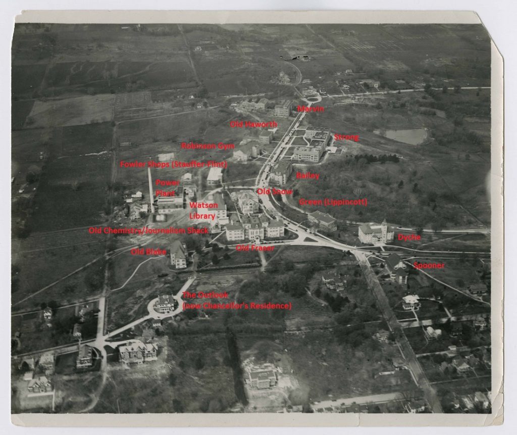 Aerial photograph of campus with buildings labeled, 1925