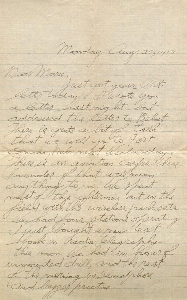 Image of Forrest W. Bassett's letter to Ava Marie Shaw, August 20, 1917