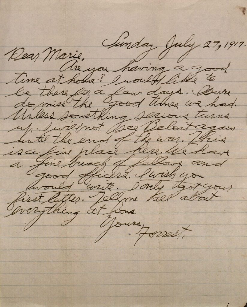 Image of Forrest W. Bassett's letter to Ava Marie Shaw, July 29, 1917