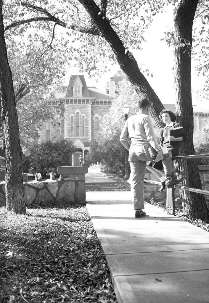 Photograph of two KU students on campus, circa 1940-1949