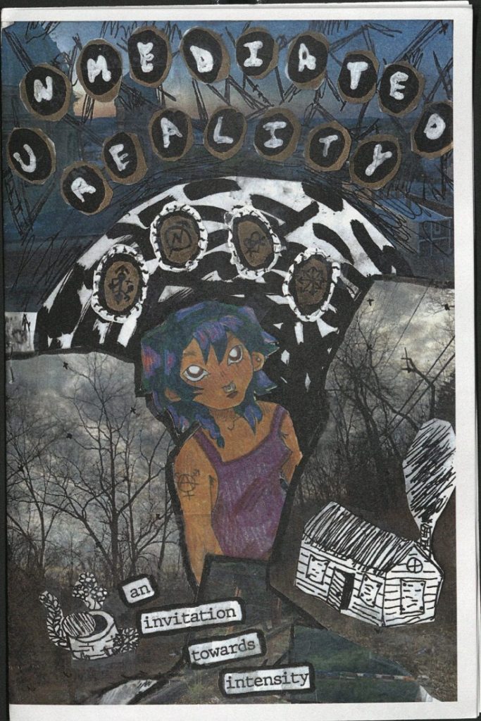 Bibliographic information in black and white text against a multicolored, illustrative background that includes a woman, a cabin, and trees.