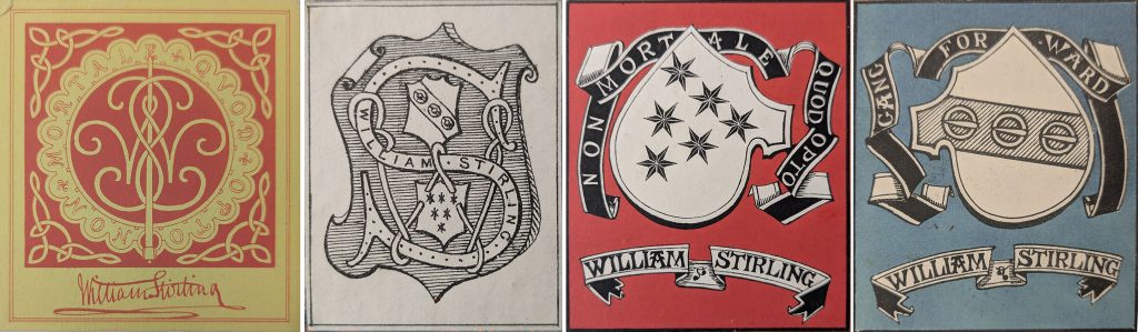 A selection of four of William Stirling Maxwell's bookplates featuring bold graphic designs.