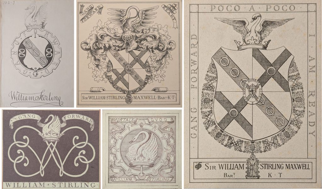 A selection of five of William Stirling Maxwell's bookplates featuring swans in the designs.