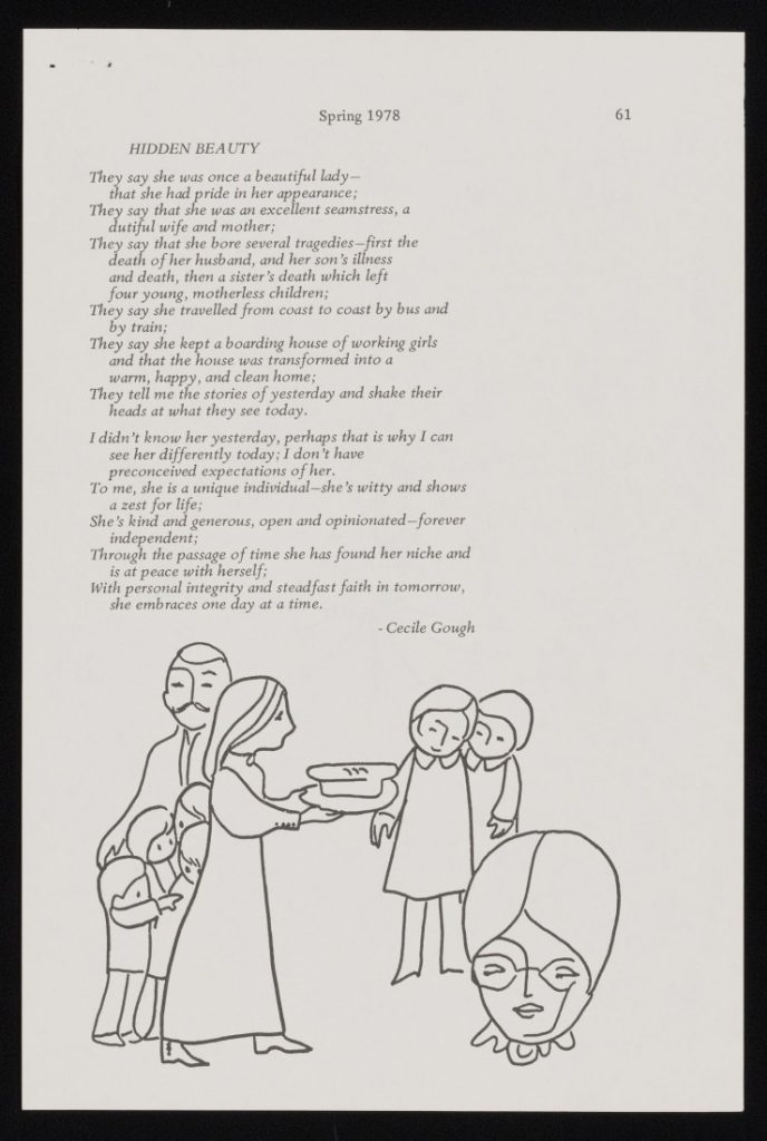 Text of the poem "Hidden Beauty" by Cecile Gough with a black-and-white sketch of a woman standing in front of her husband and children and handing a plated loaf of bread to two girls. In the corner of the sketch is the larger head of an older woman with glasses.