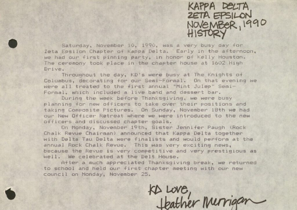 Image of an excerpt of the Kappa Delta Historian’s report, November 1990