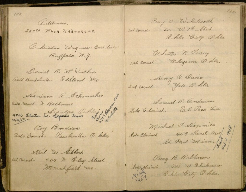 Image of the civilian addresses of bandmates in Thomas Key's World War I diary