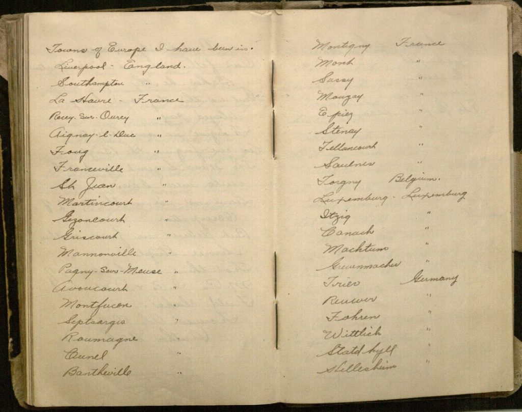 Image of a list of European towns in Thomas Key's World War I diary