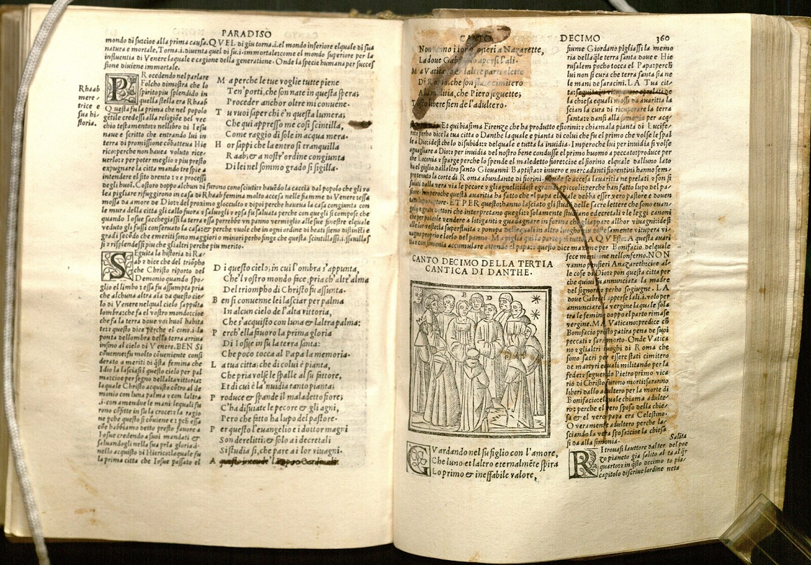 Image of redactions to Dante's text and Landino's commentary in the Paradiso, f. 359r and f. 360r.