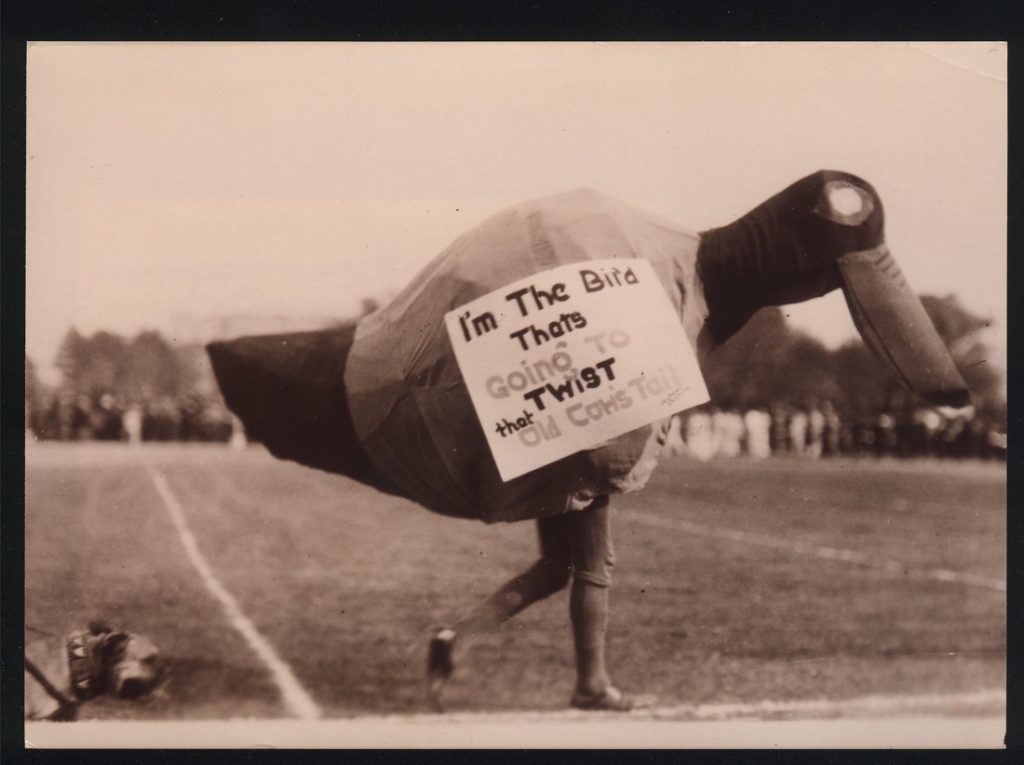 Photograph of the Jayhawk mascot at a football game, 1923