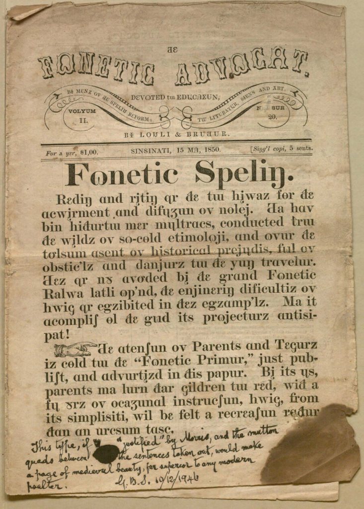 First page of the Fonetic Advocat for 15 May 1850, with its text in the English Phonotypic Alphabet.