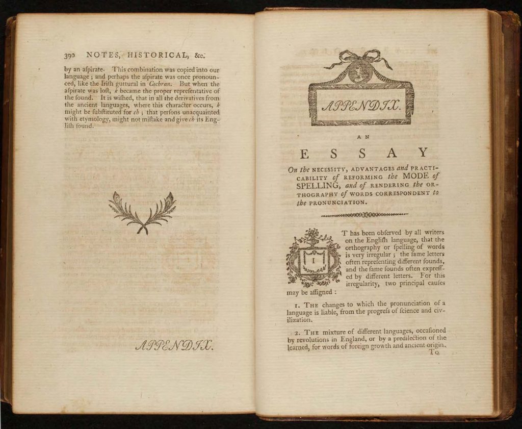 Image of the first page of Noah Webster's "Appendix: An Essay on the Necessity, Advantages, and Praticability of Reforming the Mode of Spelling, and of Rendering the Orthography of Words Correspondent to the Pronunciation"