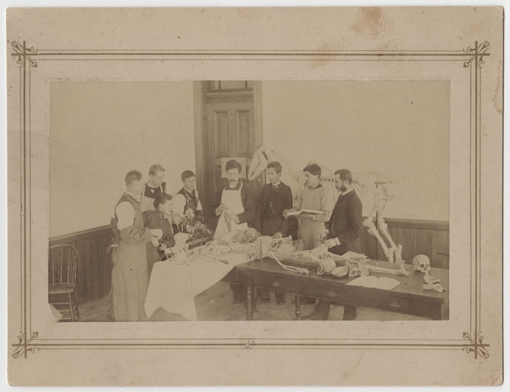 Photograph of Lewis Lindsay Dyche teaching an anatomy class, 1890s