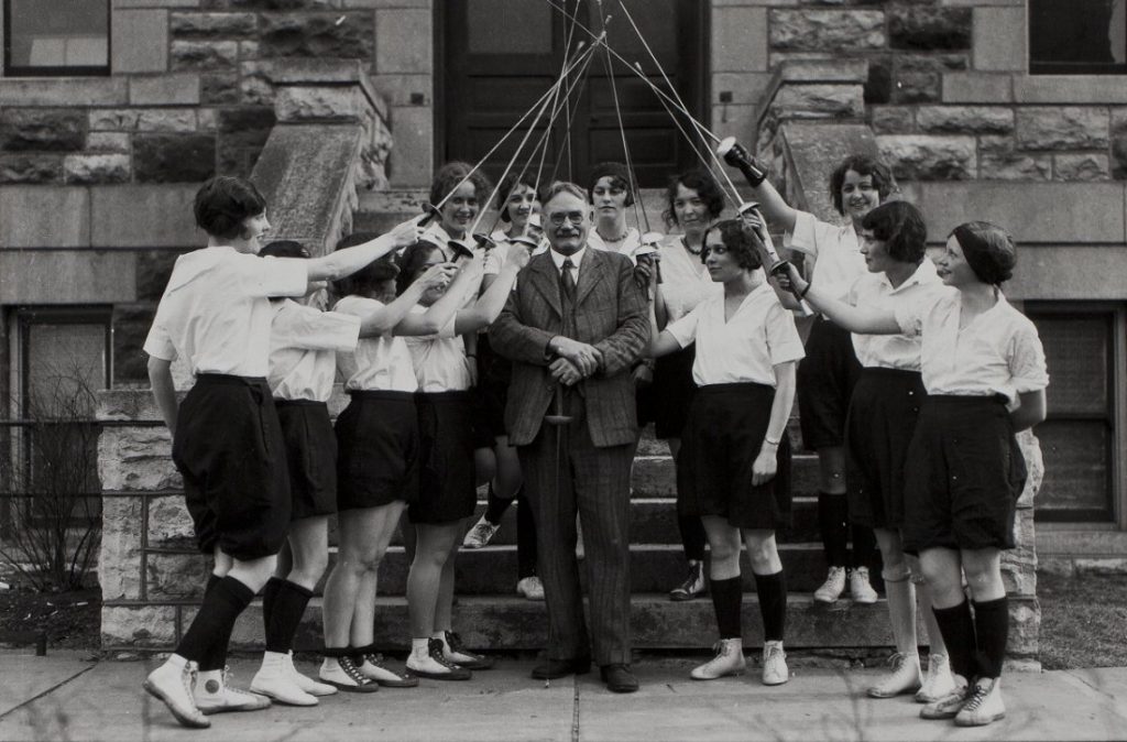 Photograph of a fencing class with James Naismith, 1926