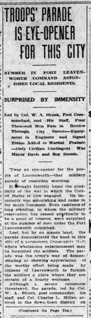 Image of Leavenworth Times article, "Troops' Parade an Eye-Opener for This City," November 18, 1917