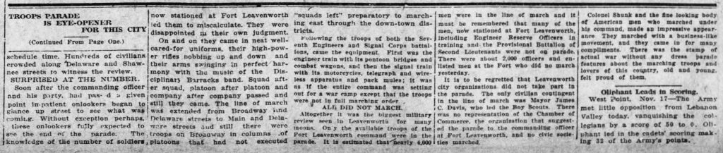 Image of Leavenworth Times article, "Troops' Parade an Eye-Opener for This City," November 18, 1917