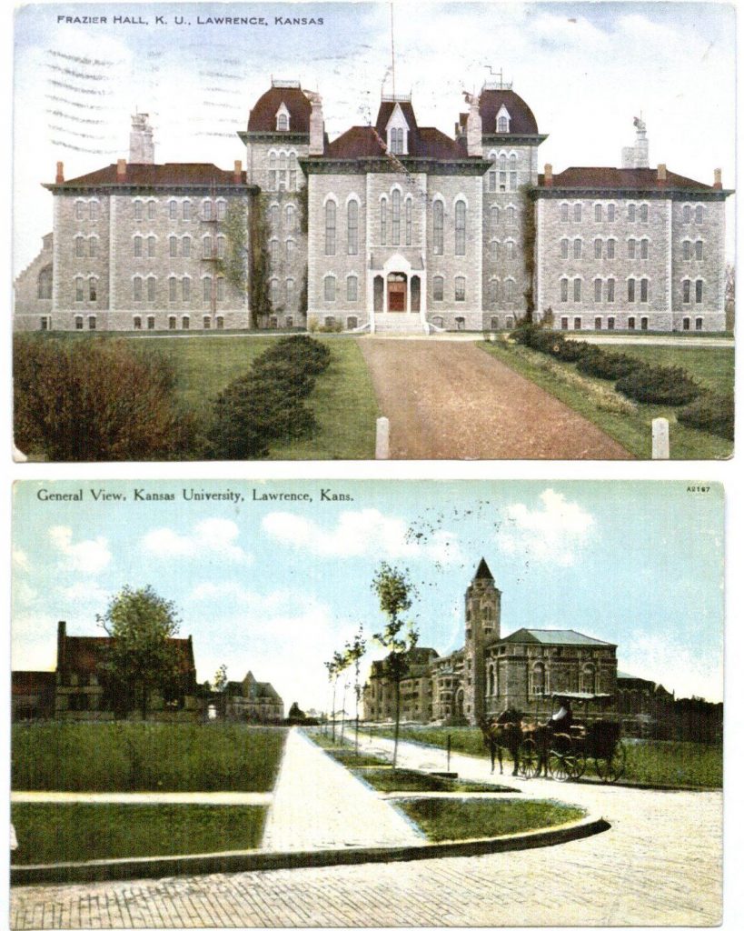 Image of a color postcards of Frazier Hall (1909) and a general view of campus (1910), University of Kansas