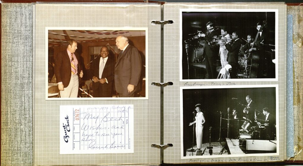 Photograph of an opening showing an autograph and photo of Count Basie in vol. 1 of the Chesterman C. Linley jazz scrapbooks