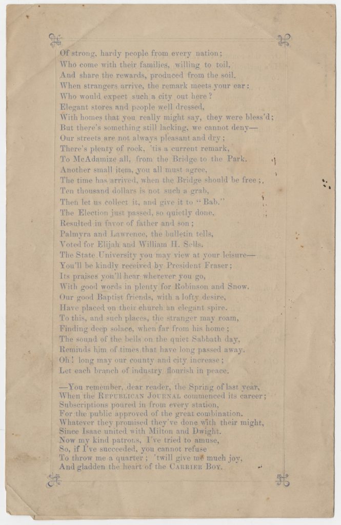 Image of a Carrier’s Address to the Patrons of the Republican Daily Journal, 1870