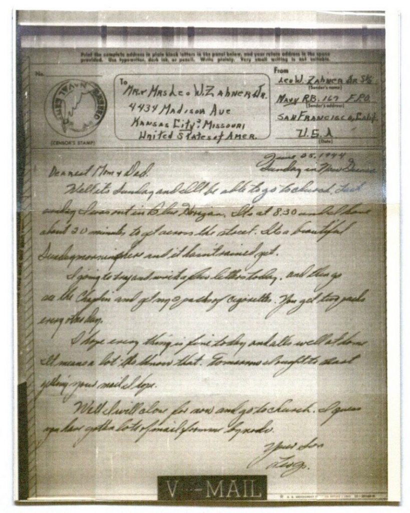 Image of a V-Mail letter from Leo William Zahner, Jr., June 25, 1944