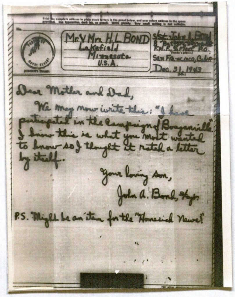 Image of a V-Mail letter from John Avery Bond, December 31, 1943