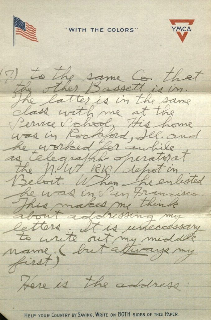 Image of Forrest W. Bassett's letter to Ava Marie Shaw, January 27, 1918