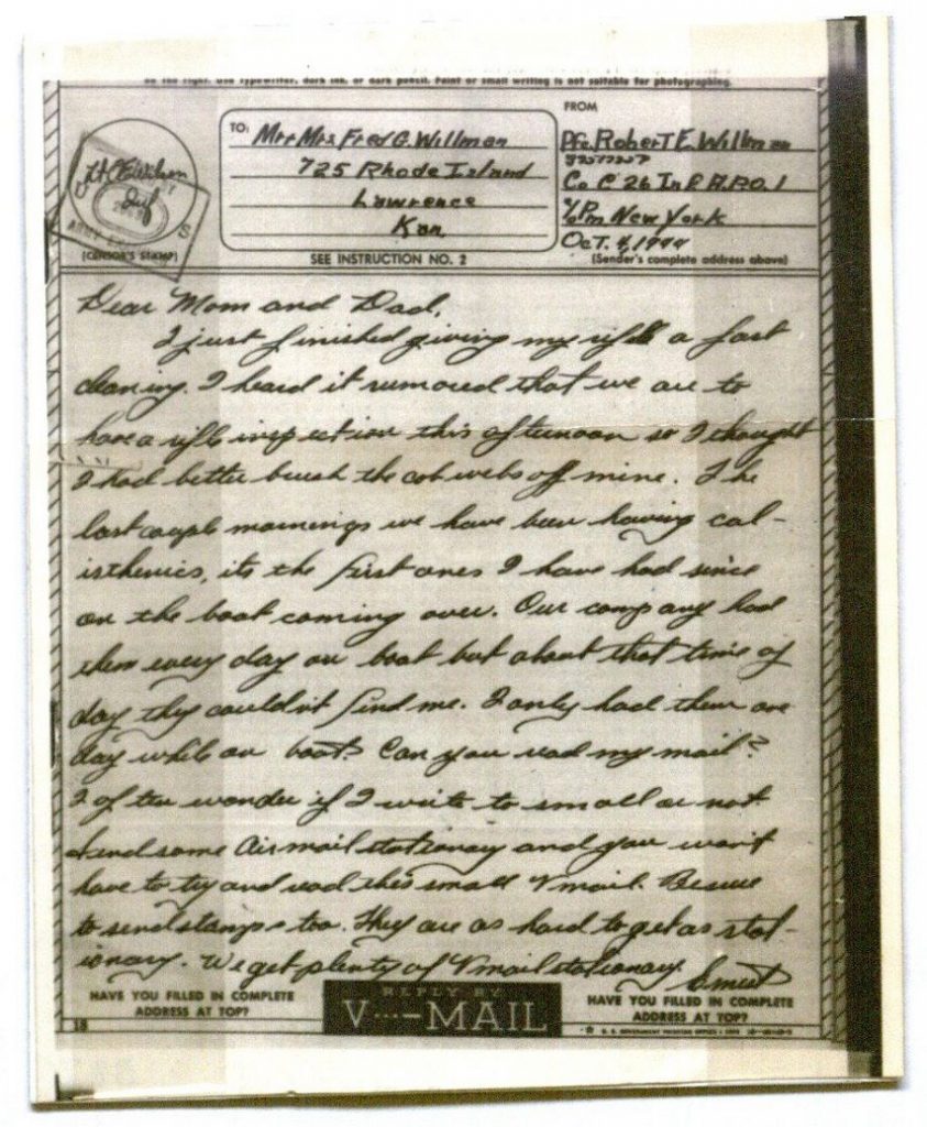 Image of a V-Mail letter from Robert Ernest Willman, October 4, 1944