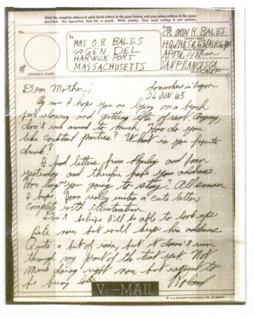 Image of a V-Mail letter from Orin Roland Bales, June 26, 1945 